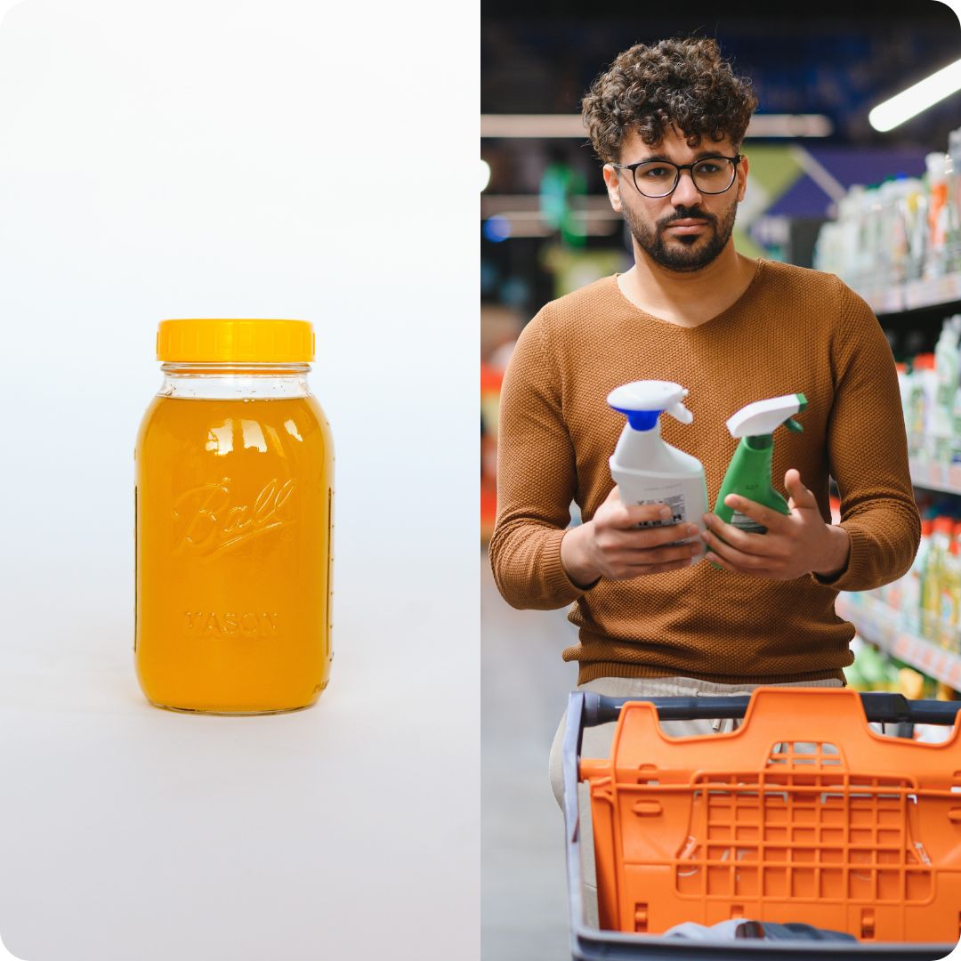 Man looking intensely at two cleaning products he holds in his hands on the right side. A simple jar of soap on the left side.